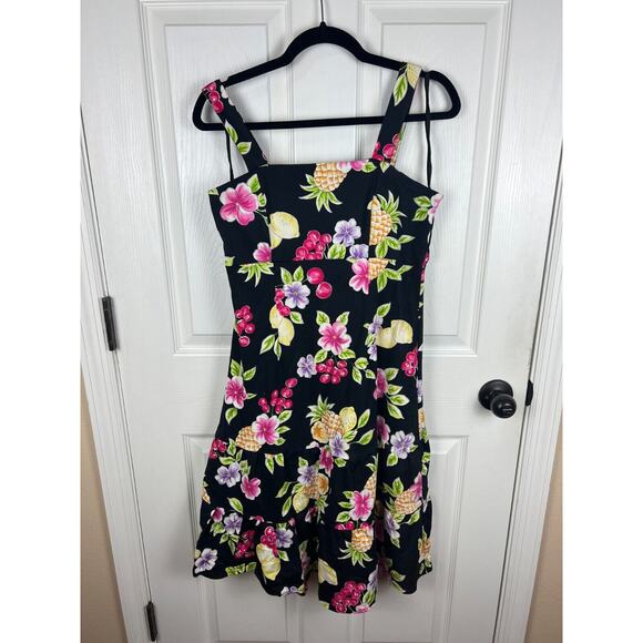 Karin Stevens Black Fruit Floral Hawaiian Sun Dress XS VTG 90s Summer Vacation - Picture 3 of 6